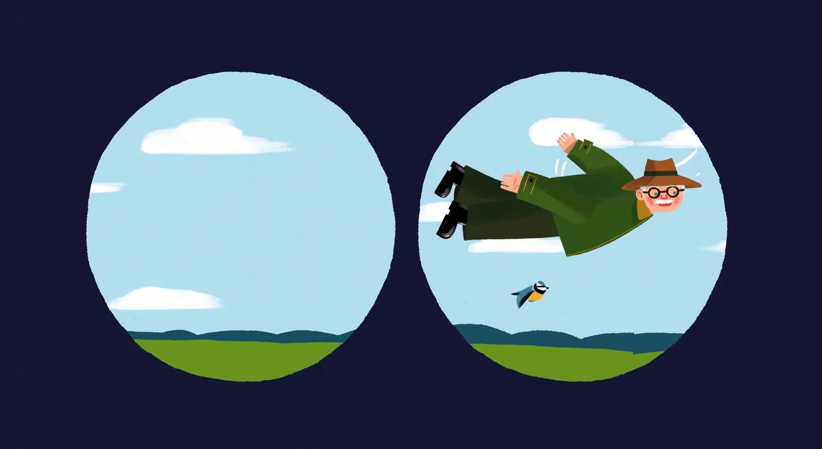 Seen through binoculars, an elderly birdwatcher in a hat and glasses flies on his front beside a blue tit.