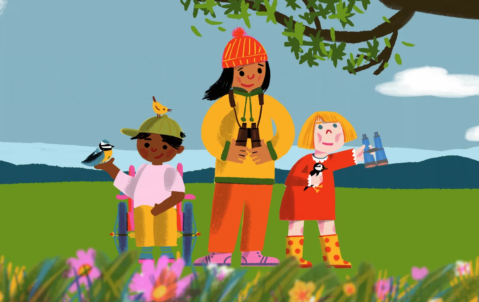 Three children in a flowery meadow, one in a wheelchair with a blue tit on his hand, another raising binoculars.
