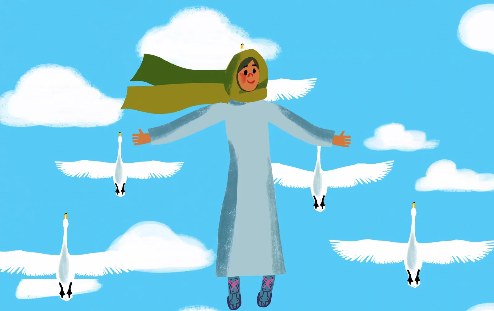 A woman in a headscarf floats with her arms outstretched among swans crossing a blue sky.