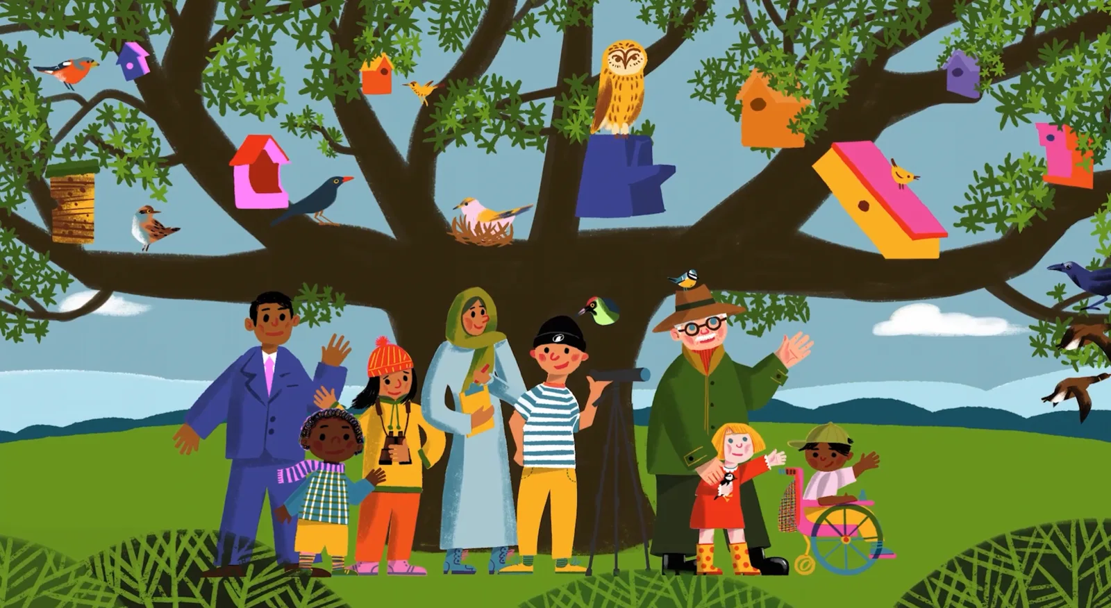 A crowd of all ages gathers under an oak hung with birdhouses, an owl and a dozen birds in its branches.