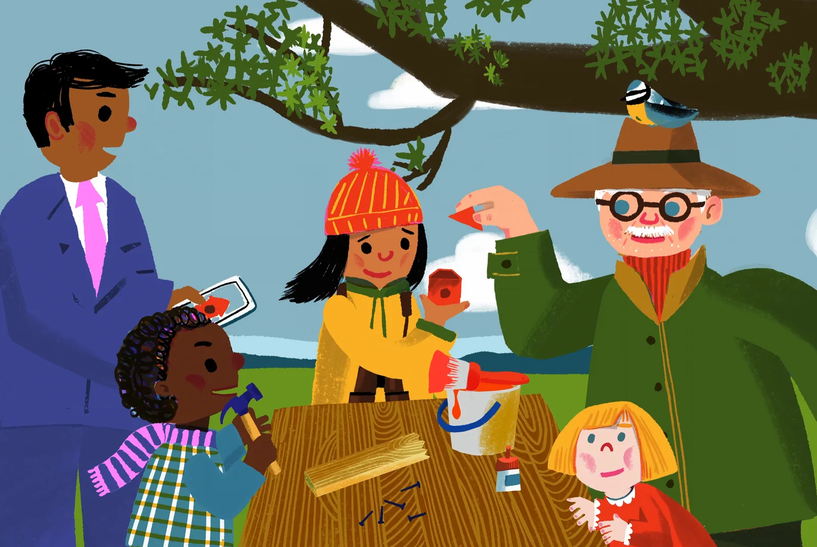 A family around a workbench under a tree, building a birdhouse with hammer, nails and red paint.