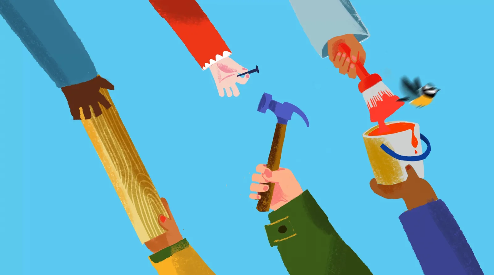 Four raised hands hold timber, a nail, a hammer and a paintbrush, a blue tit flying to the brush.