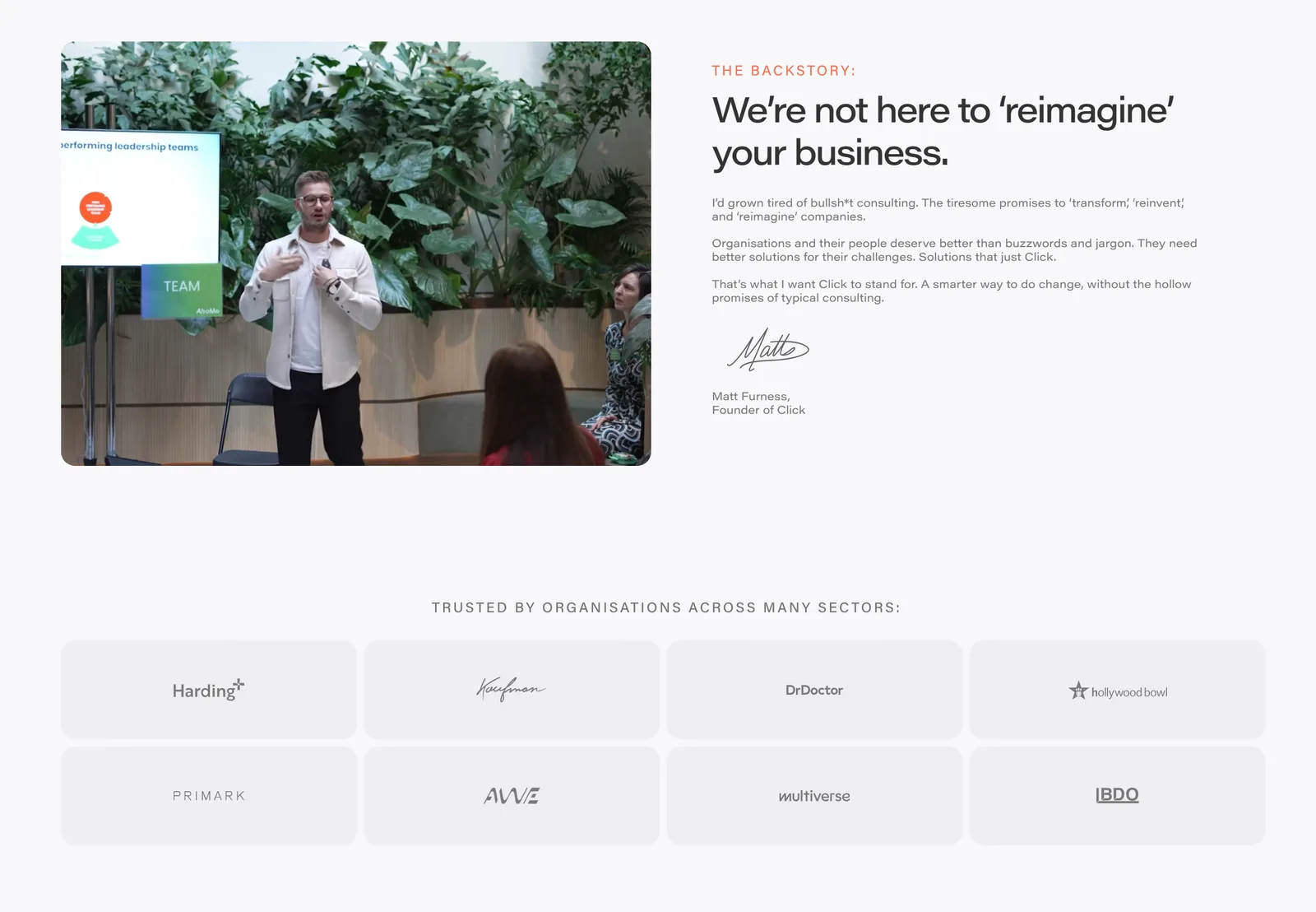 Split page: a talk among leafy plants beside a founder's signed quote and a grid of client logos.
