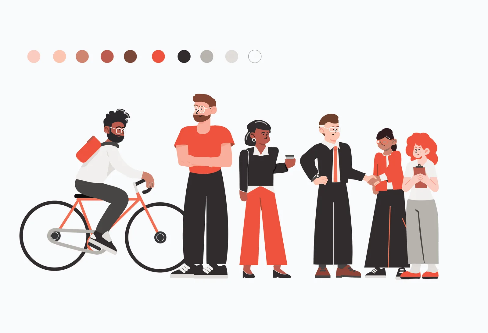 Flat illustrated figures, a cyclist and a handshake among them, above a warm skin-tone swatch row.