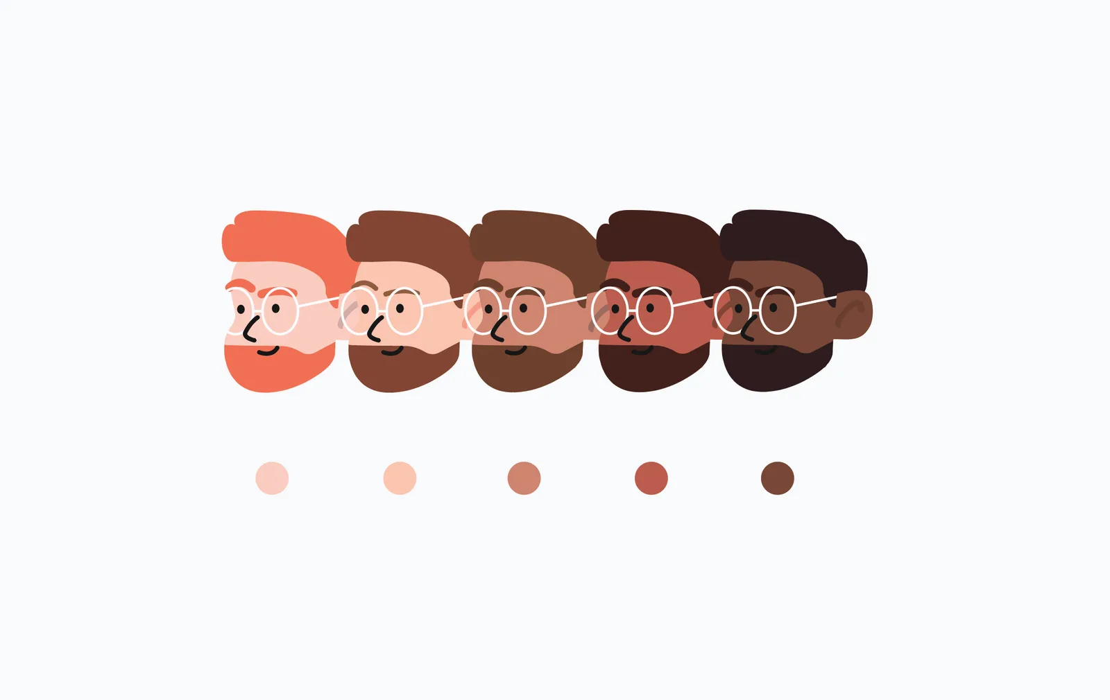 Style guide row of five identical bearded avatar faces in different skin tones, swatches below.