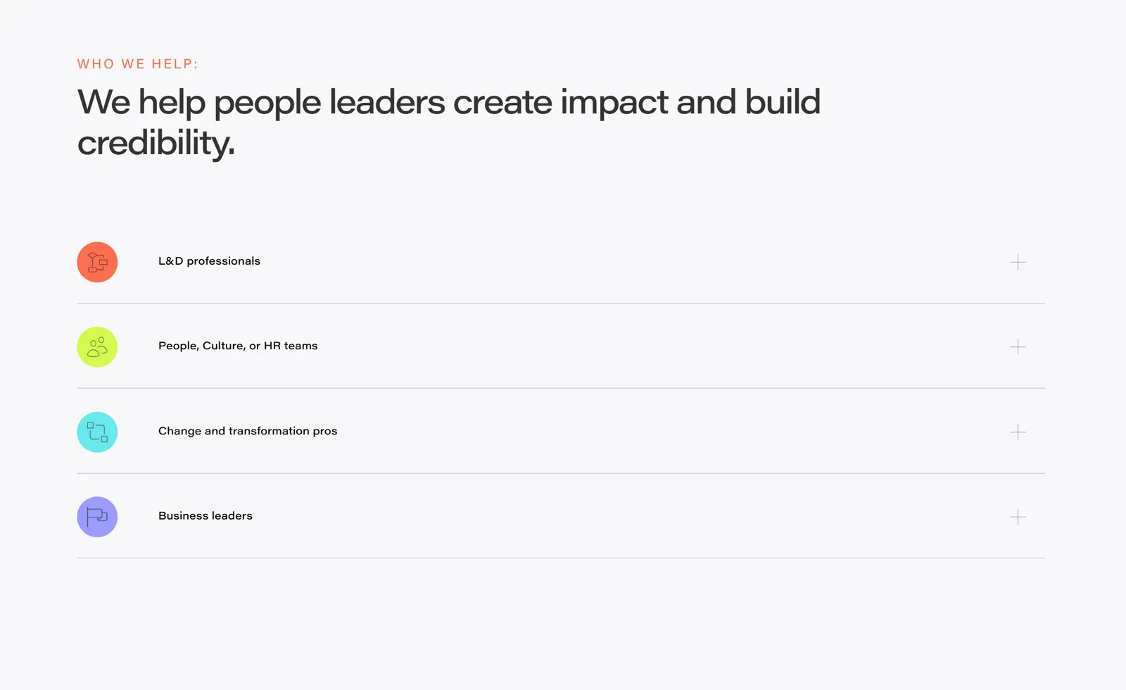 Webpage listing 'Who we help', four audience types beside orange, lime, cyan and purple icons.