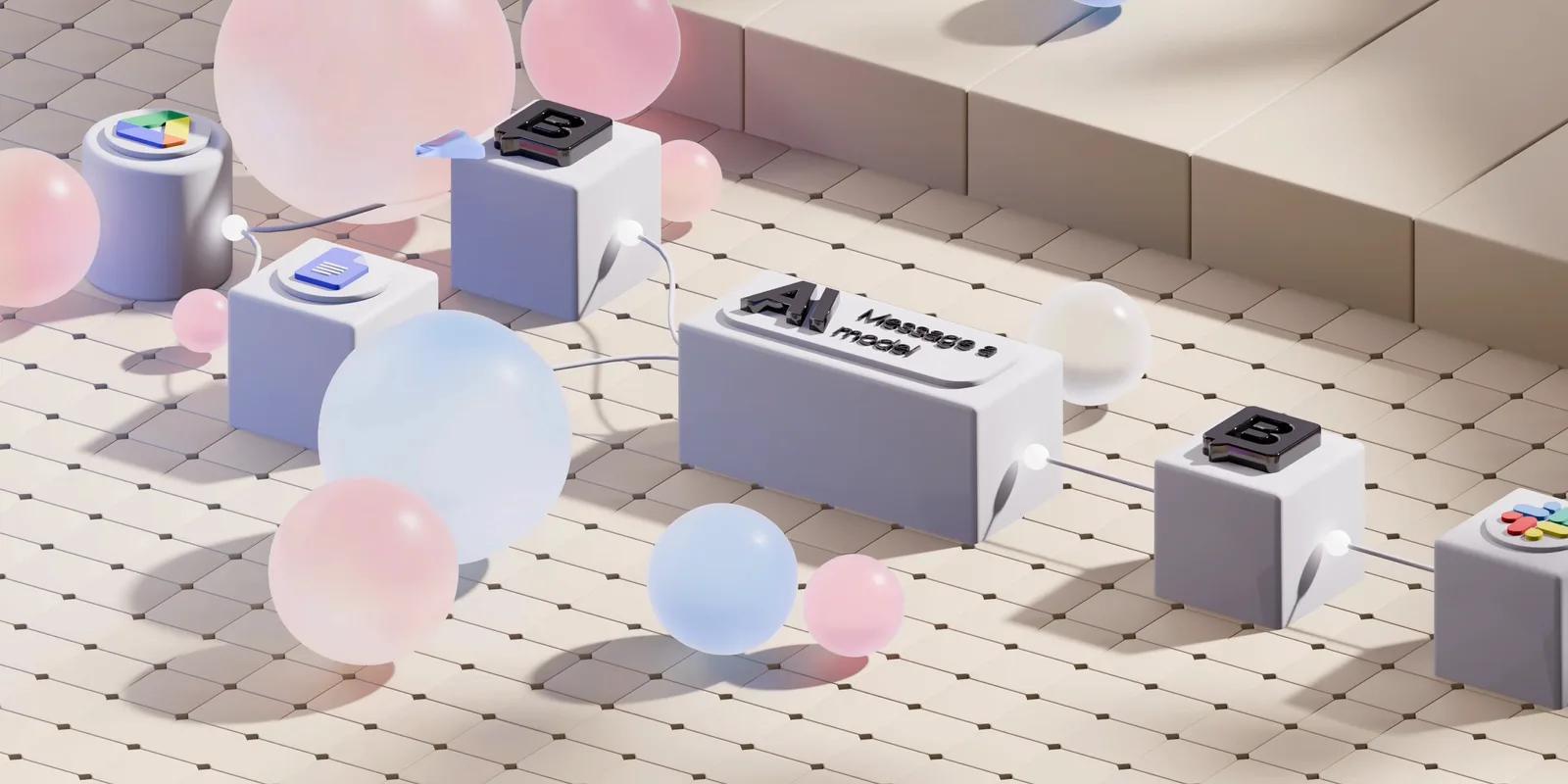 Grey connector blocks wired into a central "AI Message a model" unit amid floating glass spheres.