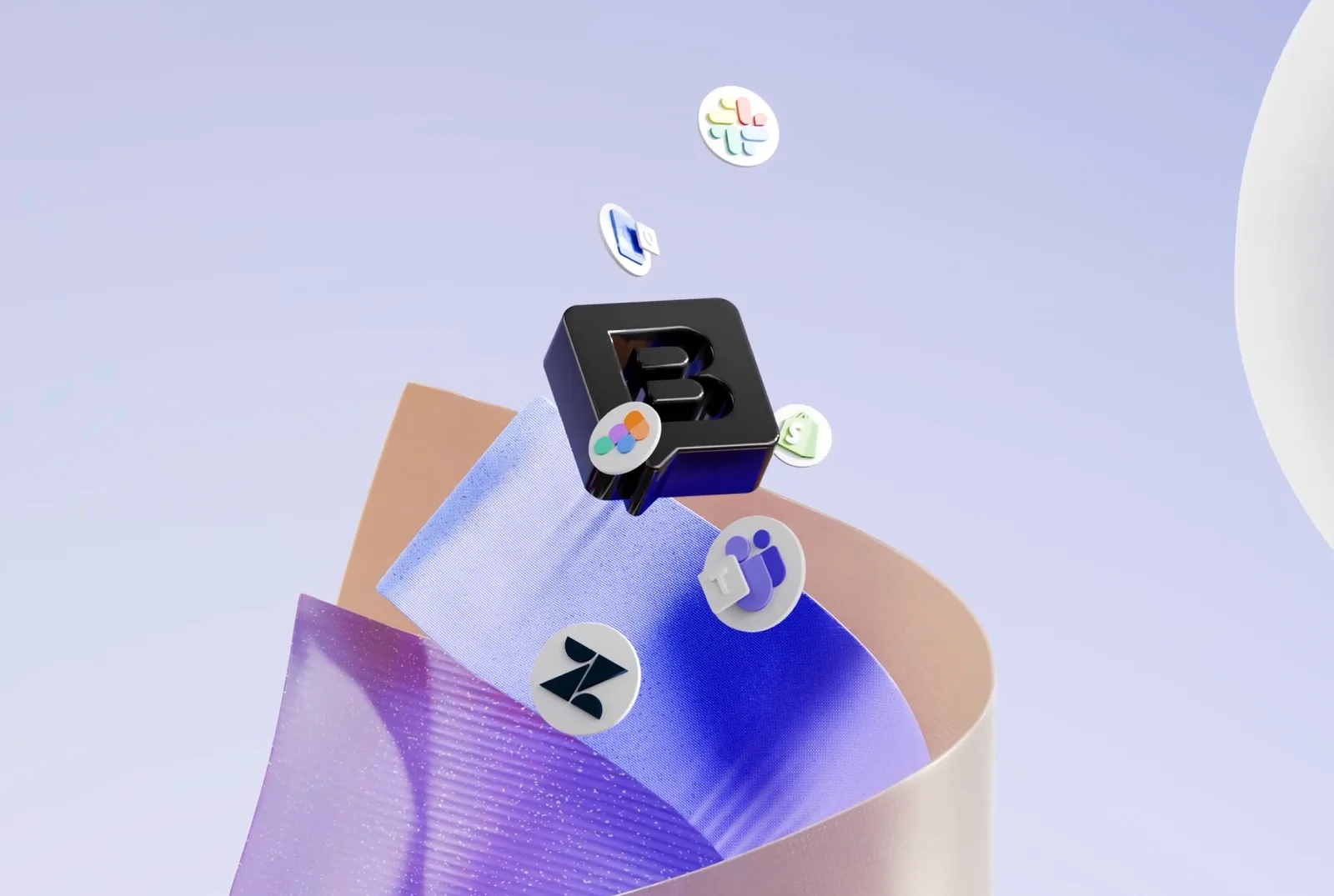 A black cube marked with a B, small app icons circling it above twisted ribbon.