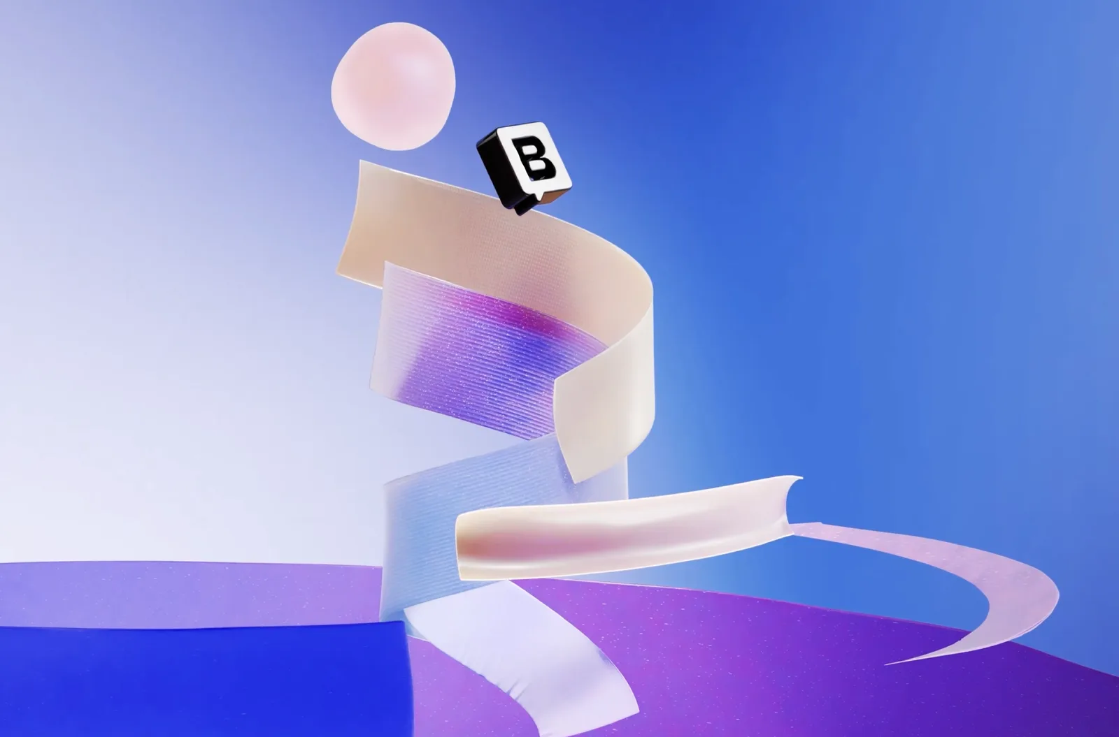 A twisting cream and violet ribbon sculpture rises from a blue floor, a pink sphere and black B cube above it.