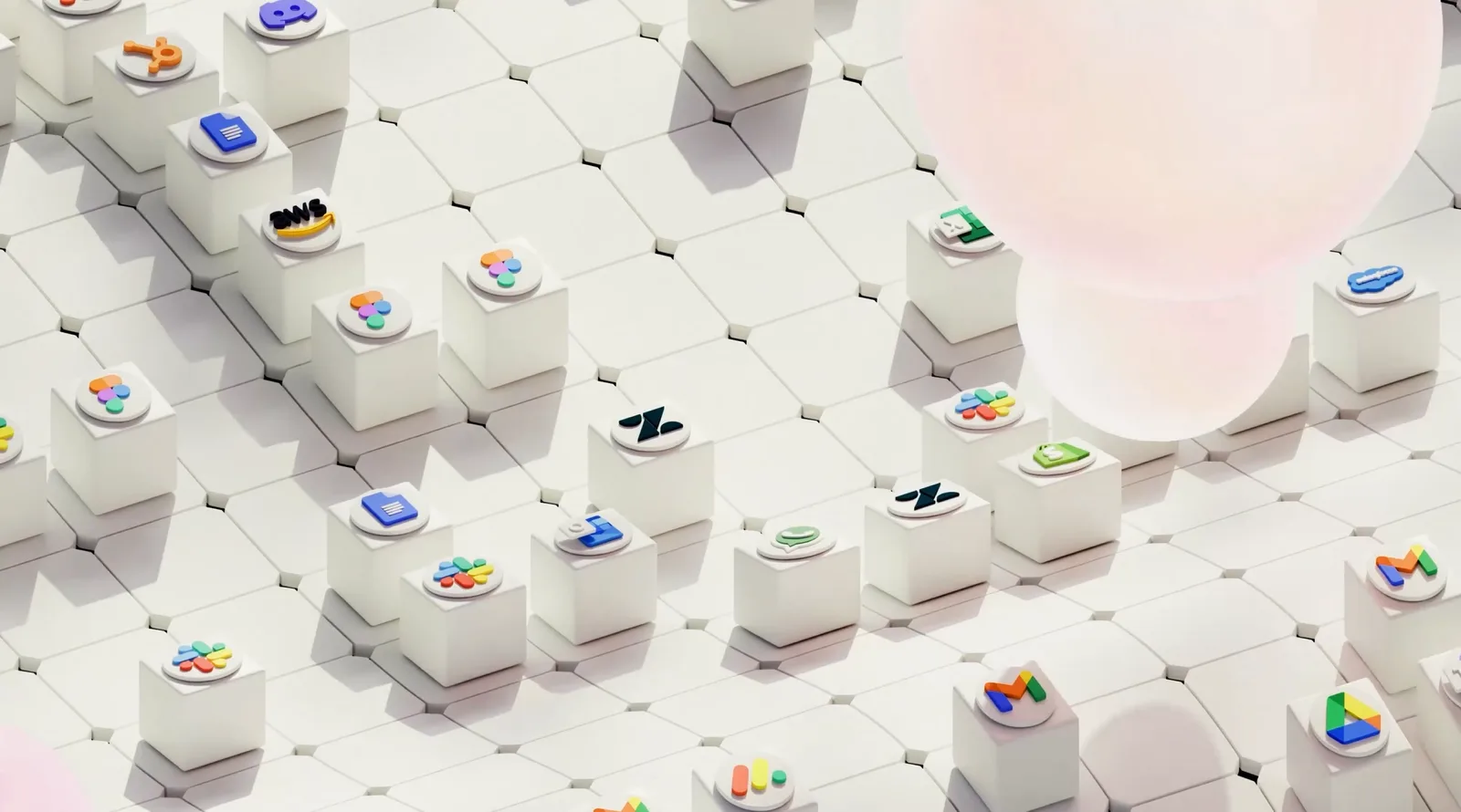 An overhead grid of white plinths, each carrying a different software icon, a pink sphere at the edge.