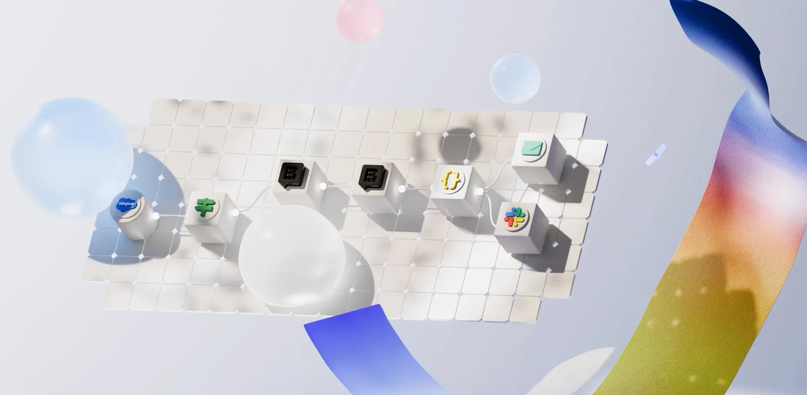 App icon cubes linked along a tiled platform, coloured ribbons draped in the background.