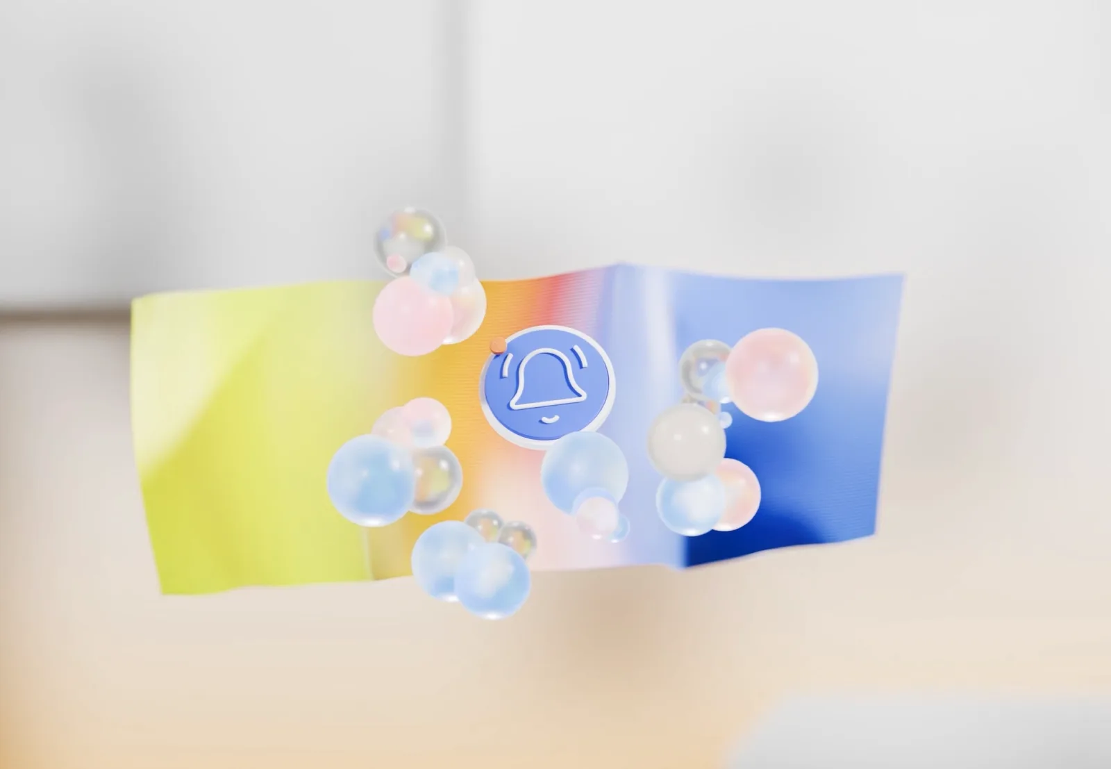 A blue notification bell sharp against a blurred gradient panel and floating glass bubbles.