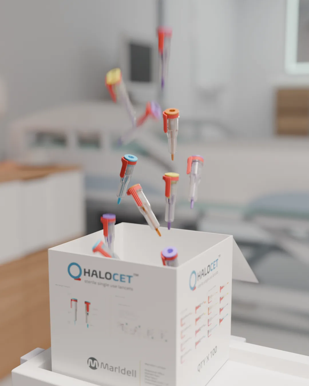 Lancets in bright colour-coded caps float above an open Halocet box in a blurred hospital ward.