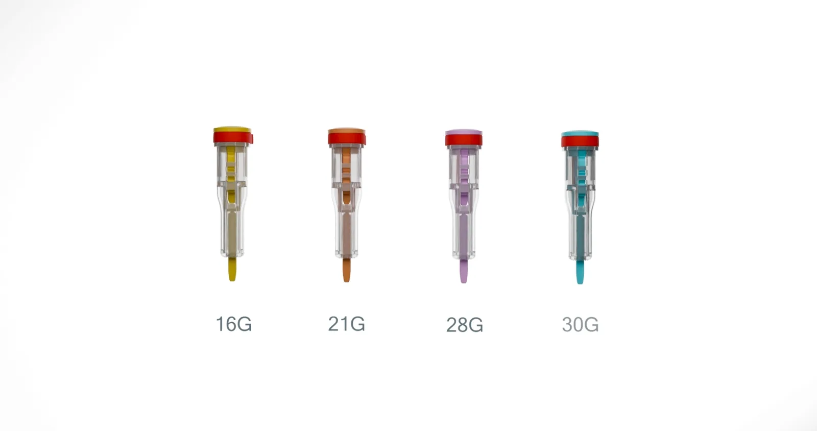 Four lancets in a row, each a different coloured cap, labelled by gauge from 16G to 30G.