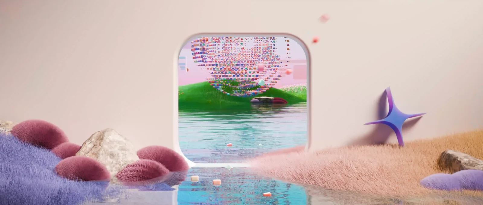 An arched pale window opens onto green hills and a pink sky, cubes and petals scattering above still water.