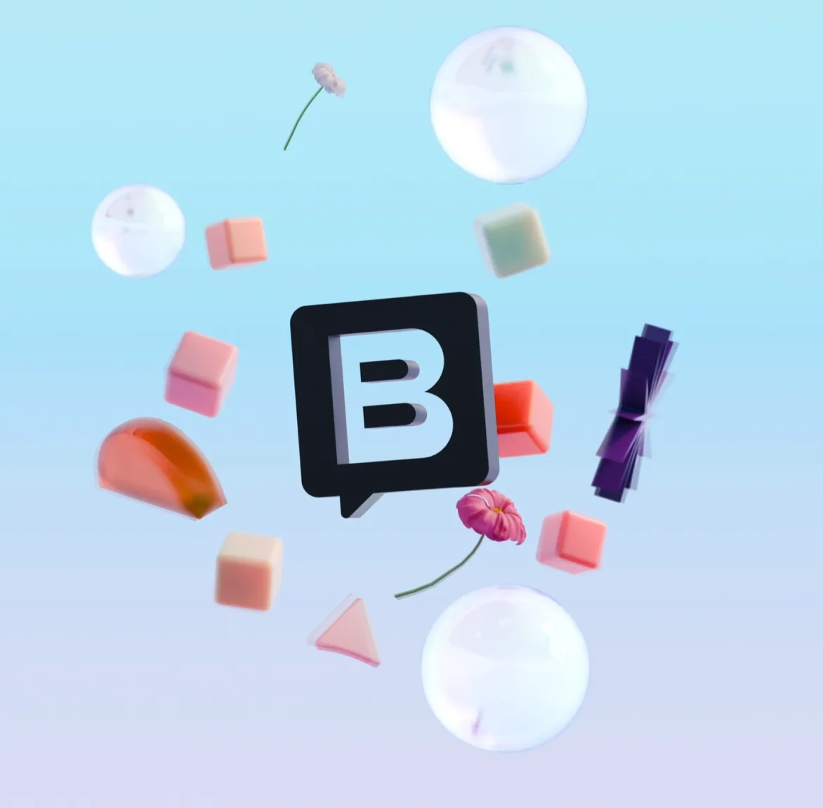 A black speech-bubble mark floats among glassy spheres, pastel cubes and flowers on a pale blue gradient.