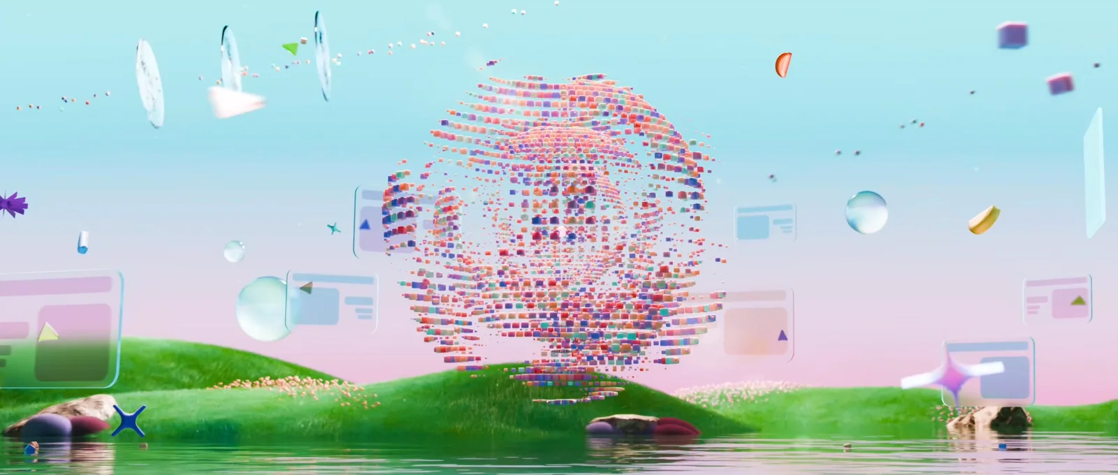 Hundreds of tiny coloured cubes cluster into a sphere above green hills, glassy interface cards floating around it.