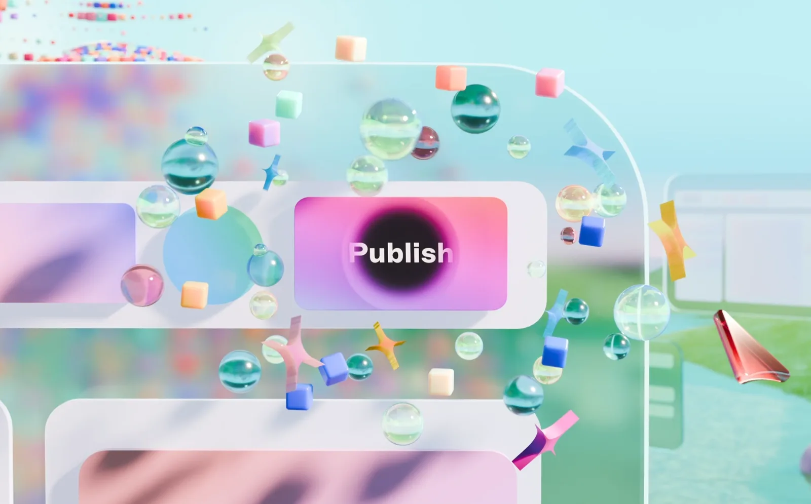 A pink Publish button hovers inside a swarm of glass bubbles and pastel cubes against a soft blue-green backdrop.