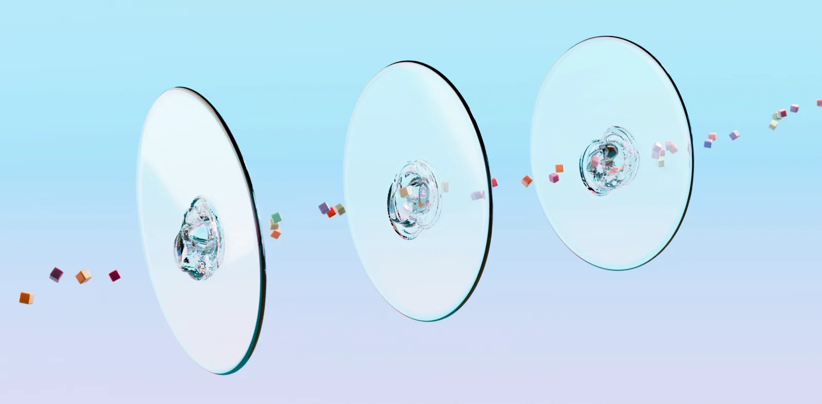 Three translucent glass discs stand in a row like portals, trailing small coloured cubes across a lilac sky.