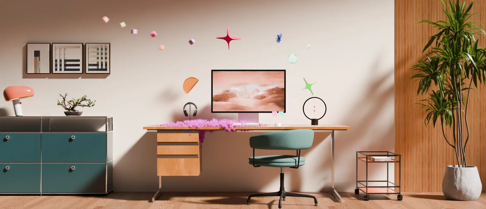 A mid-century desk and teal chair sit under a screen showing pink clouds, pastel shapes drifting past a potted plant.