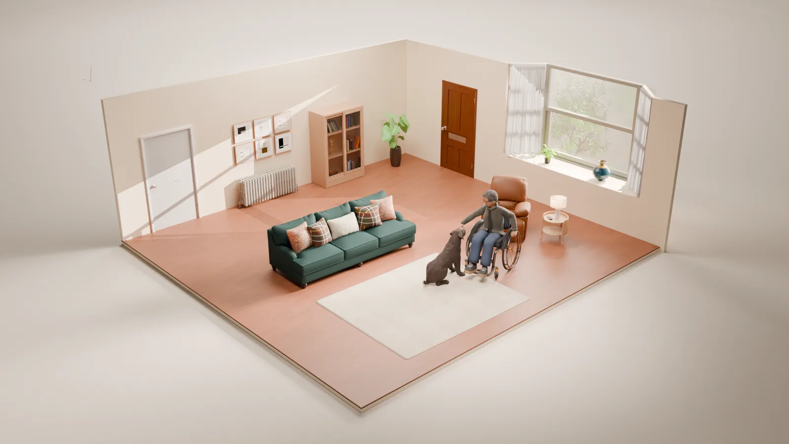 Cutaway 3D room with a teal sofa and terracotta floor, a wheelchair user strokes a dog beside an armchair.