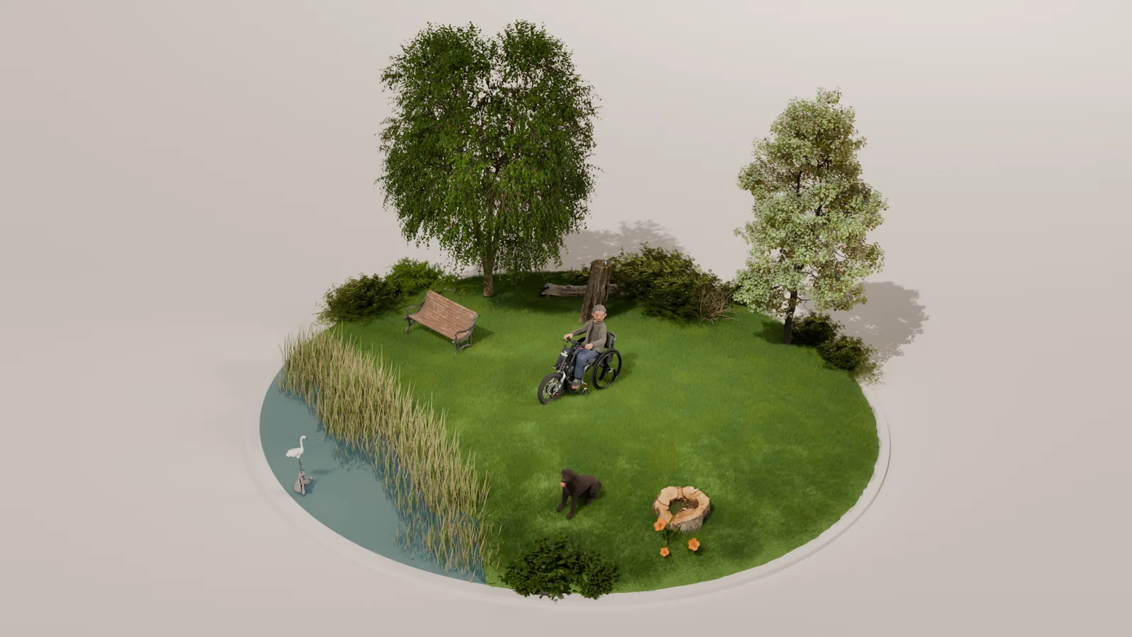 3D garden island with a willow tree, park bench and pond, a wheelchair user parked on the grass.