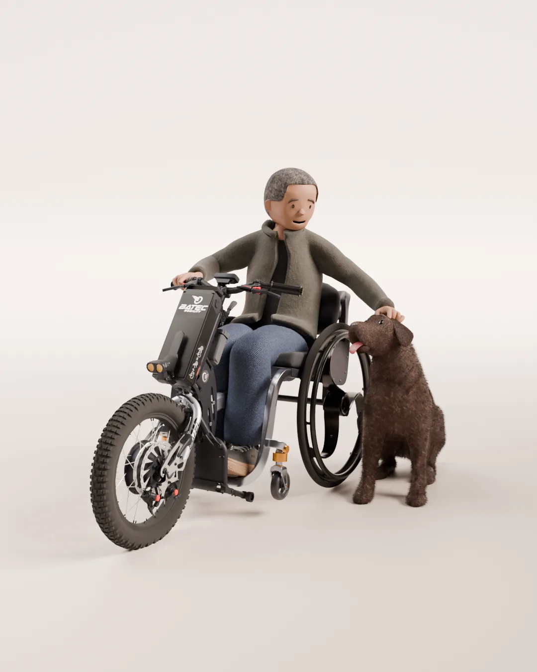 Character in a power-assist wheelchair rests a hand on a shaggy brown dog with its tongue out.