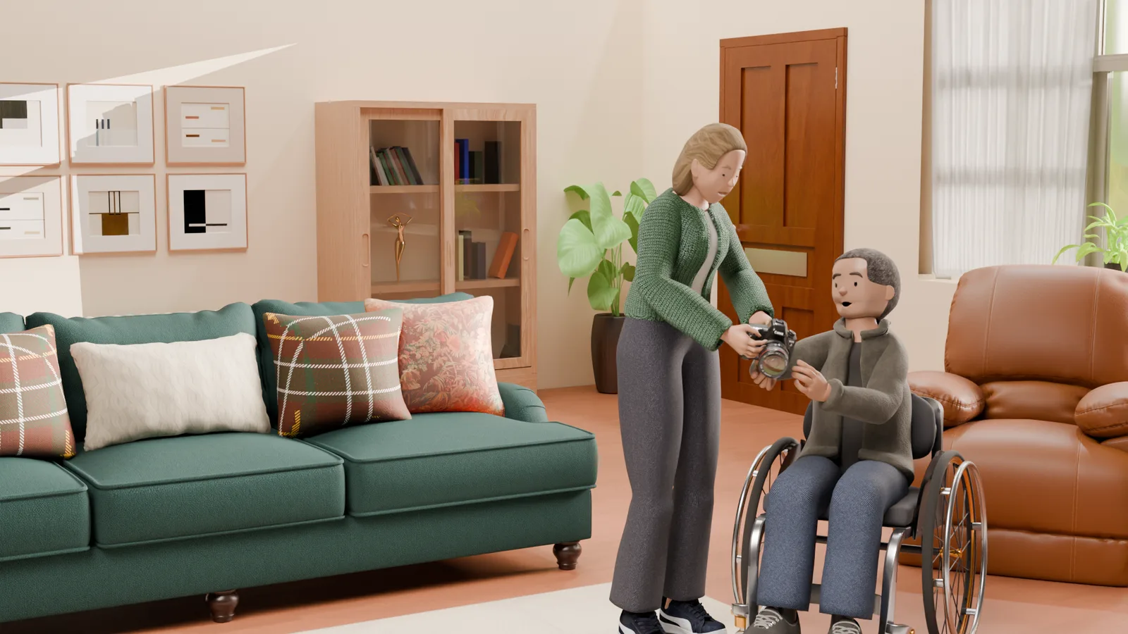 Woman in a green cardigan passes a camera to a man in his wheelchair in a cosy living room.