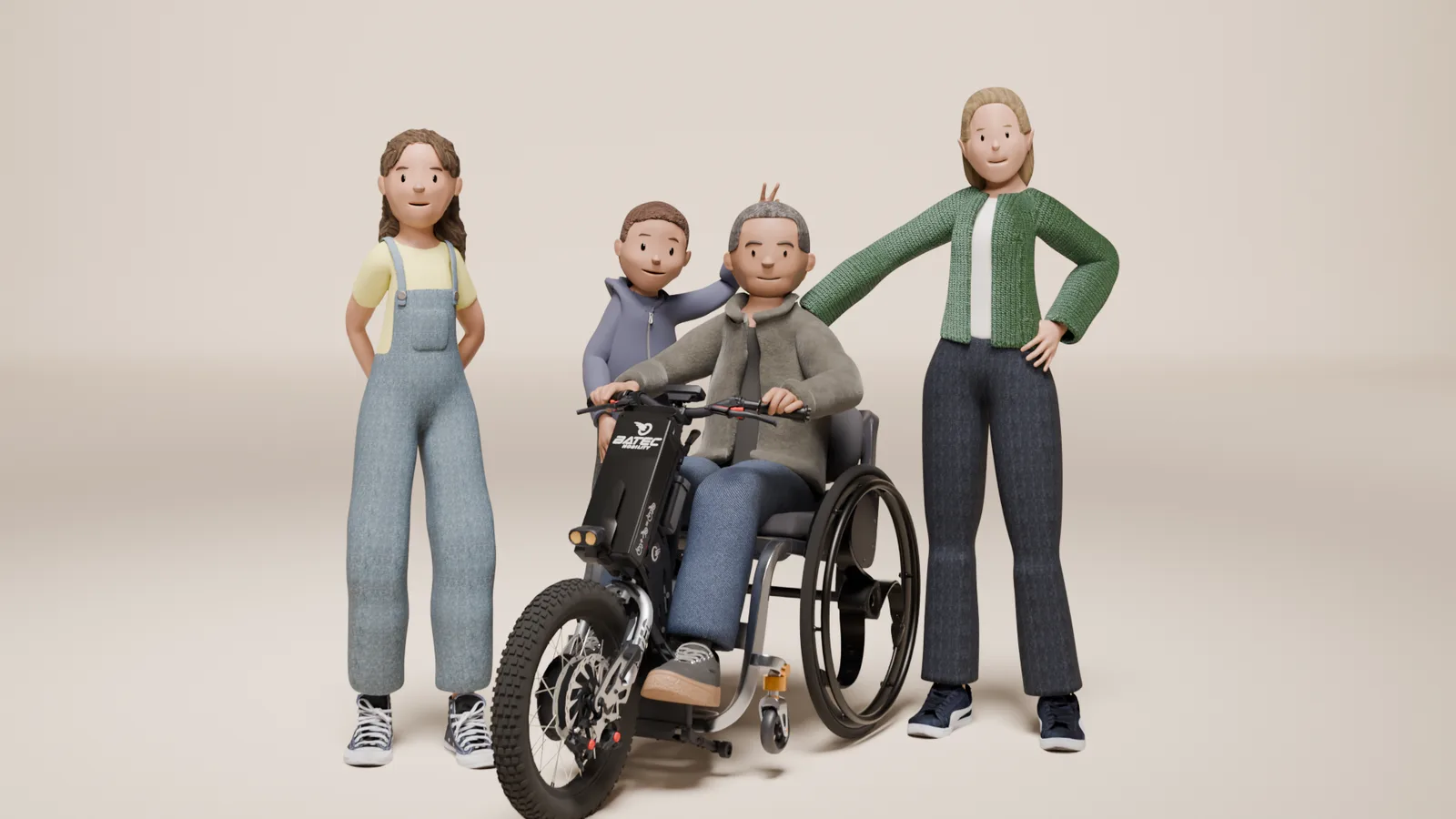 Family of four posed together, a hand resting on the shoulder of the man in the wheelchair at centre.