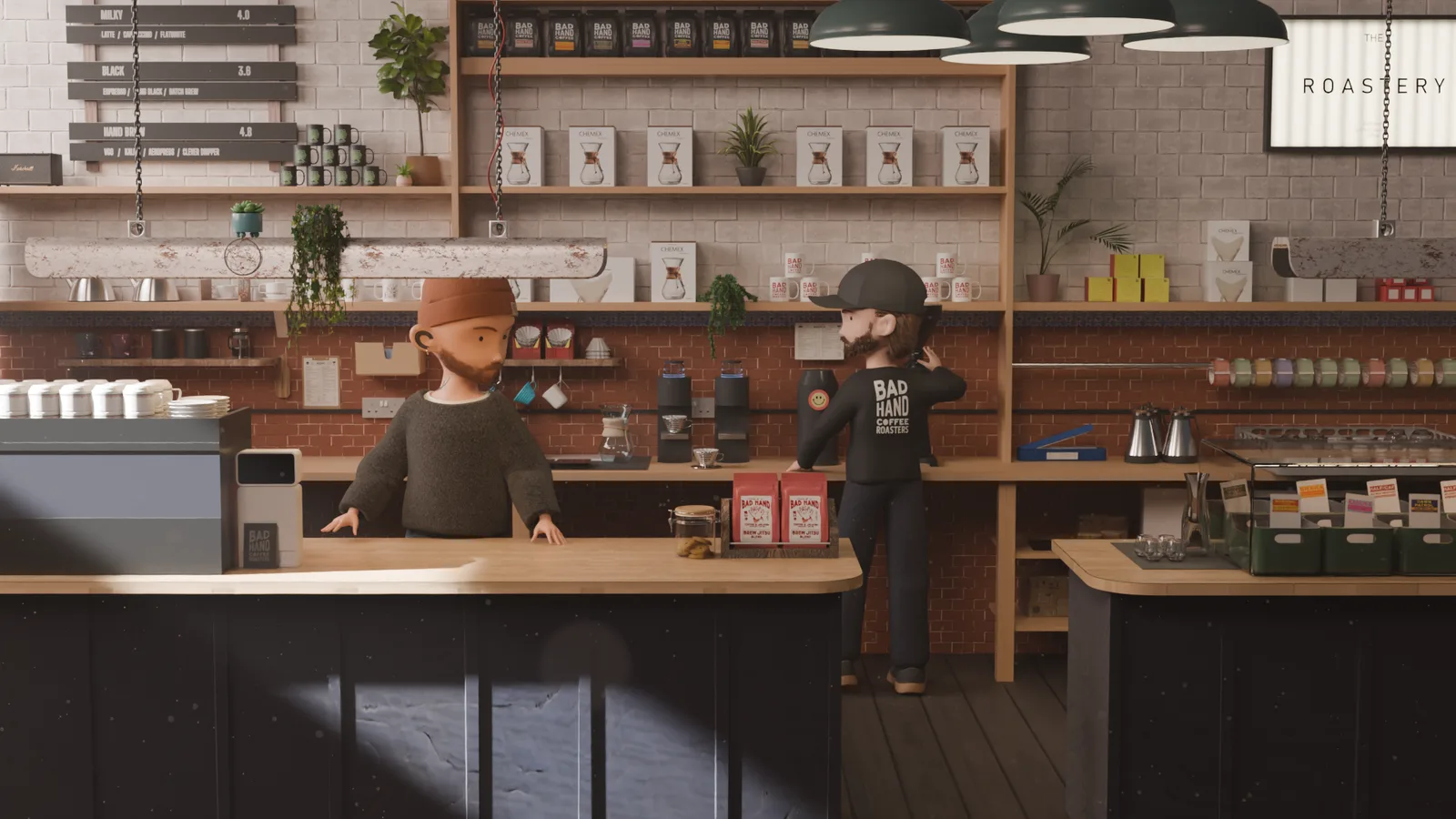 Closer view of the same counter, 'Bad Hand Coffee Roasters' lettering visible on a barista's back.