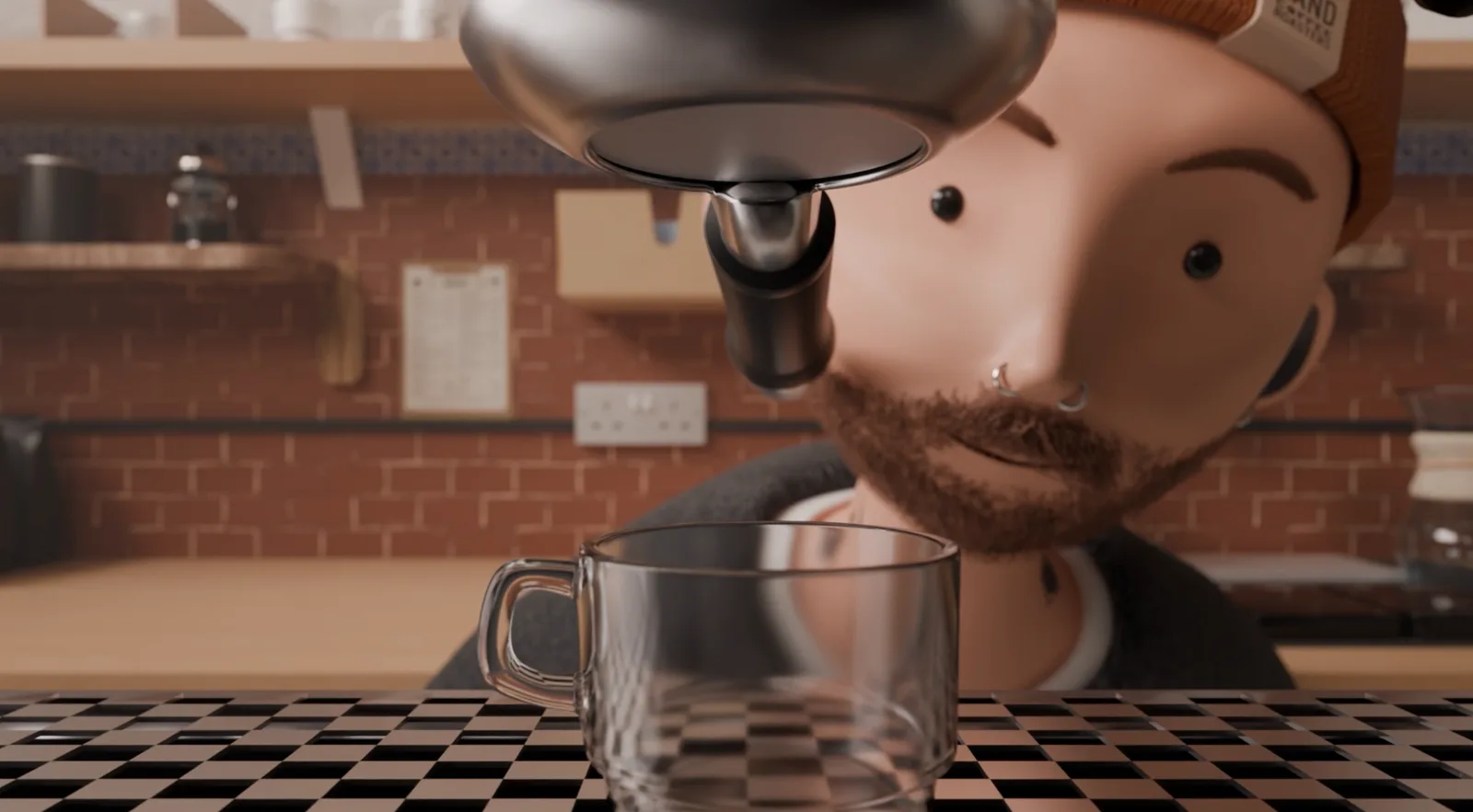 Close-up as espresso streams from the machine into an empty glass cup on a chequered surface.