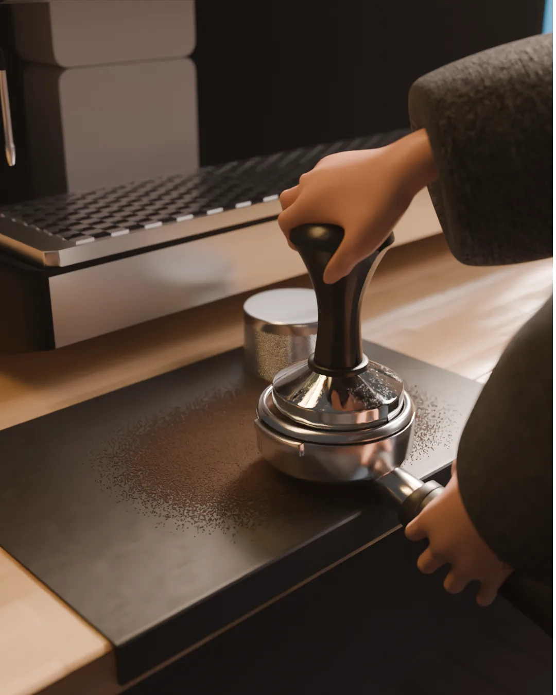 Hand tamping espresso grounds in a portafilter, coffee dust scattered across a dark counter.