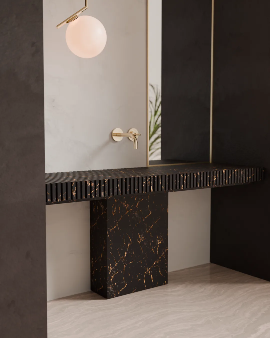 A warm globe pendant light beside the dark veined marble base of a console sink.