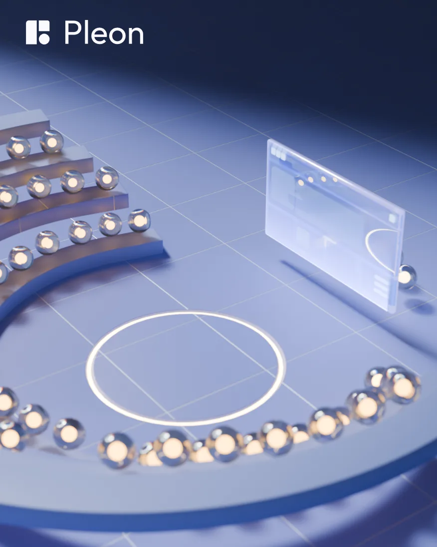 The Pleon mark over a 3D scene: a staircase of chrome spheres, a glass browser panel and a glowing white ring.