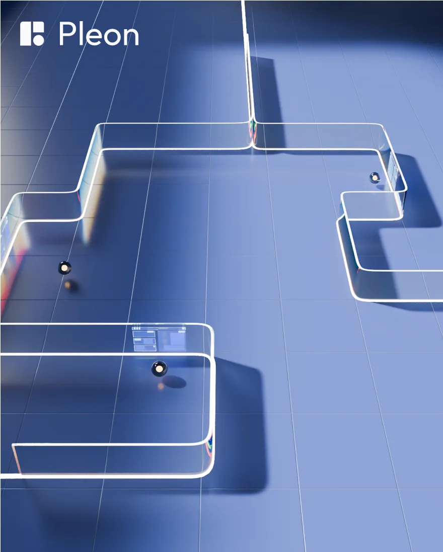 Overhead view of glowing glass rails forming a maze on a blue grid floor, small chrome spheres tucked in the corners.