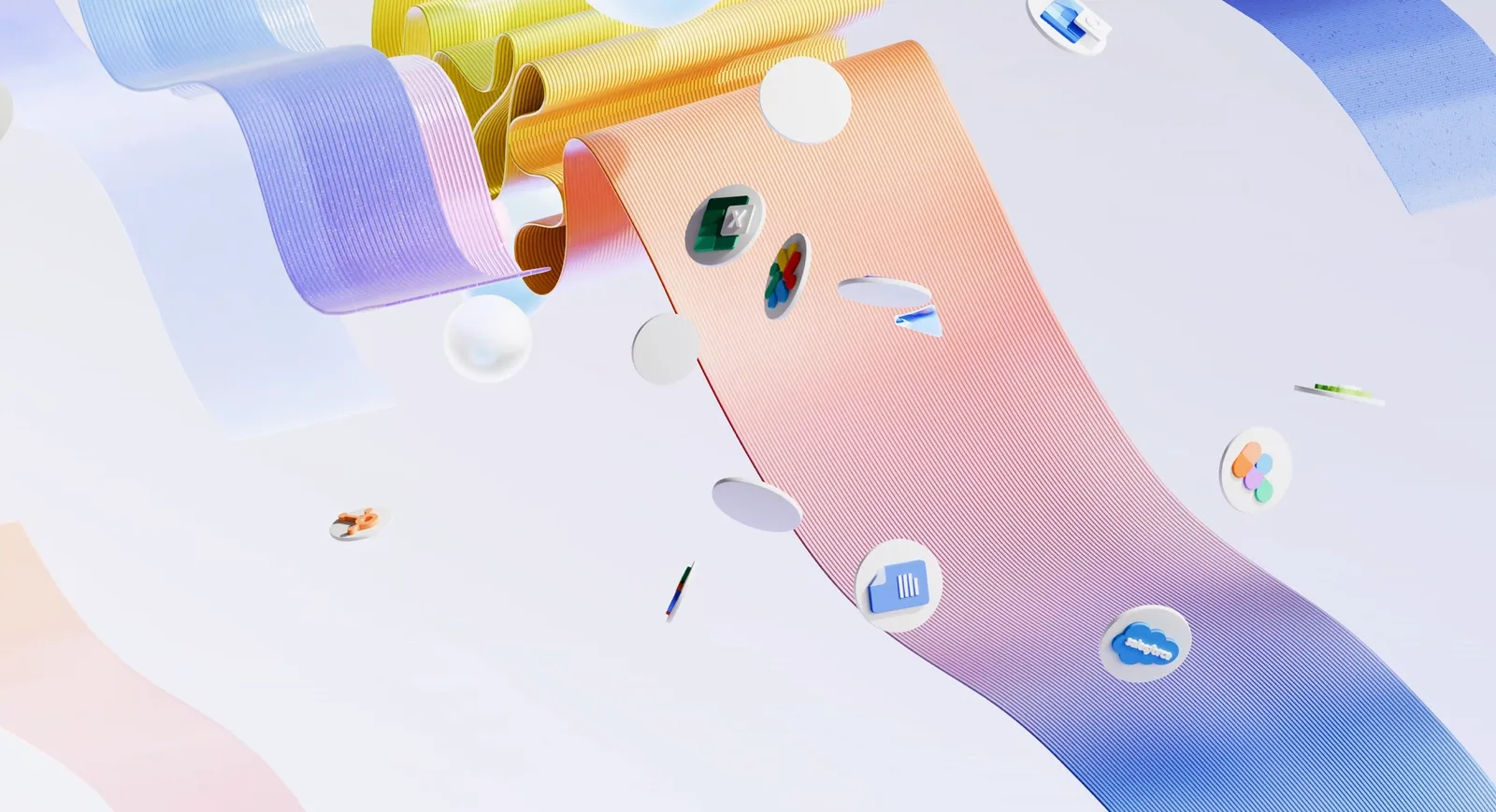 Curling ribbons in blue, gold and coral carry app icons, Excel, Salesforce and Slack, like beads strung along fabric.