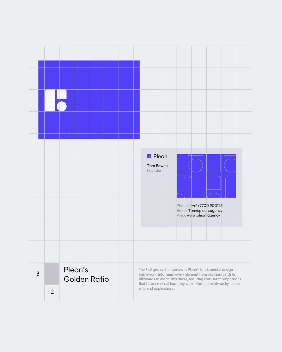 A brand guideline spread building the Pleon mark on a grid, next to a business card labelled Pleon's Golden Ratio.