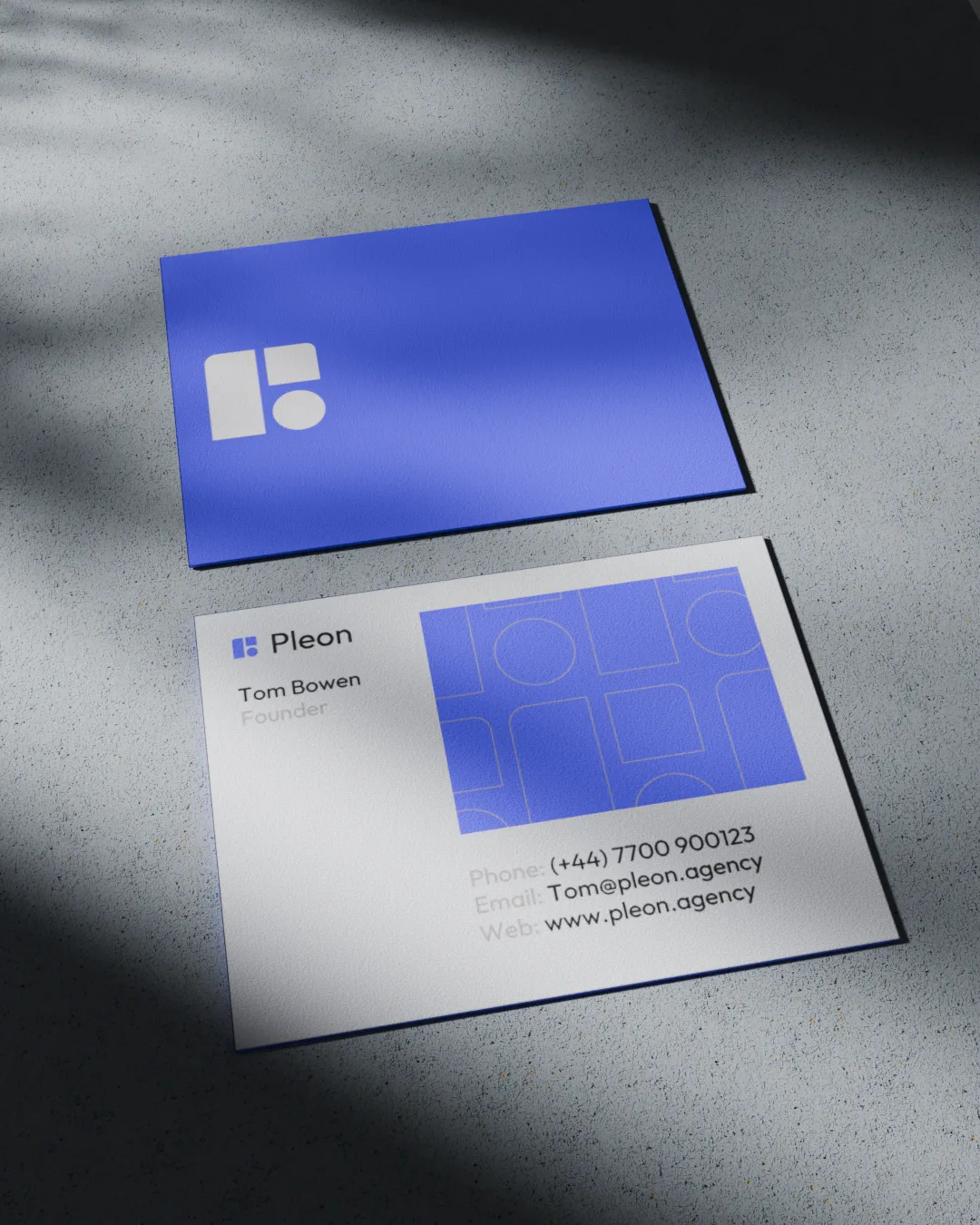 Two Pleon business cards, one solid blue with the mark, one white with contact details, lie on speckled concrete.