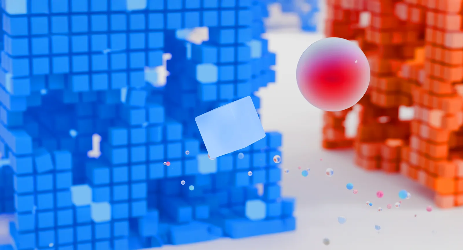 Macro of blue and orange voxel walls either side of a glossy pink sphere and a pale glass card.