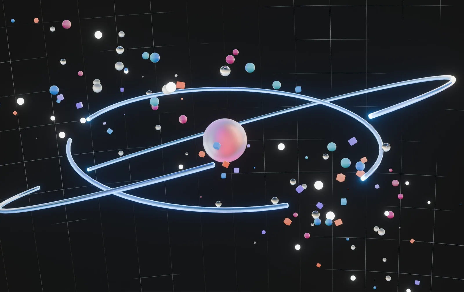 Glowing looped ring crosses a pink glass sphere amid scattered coloured spheres on a dark grid.