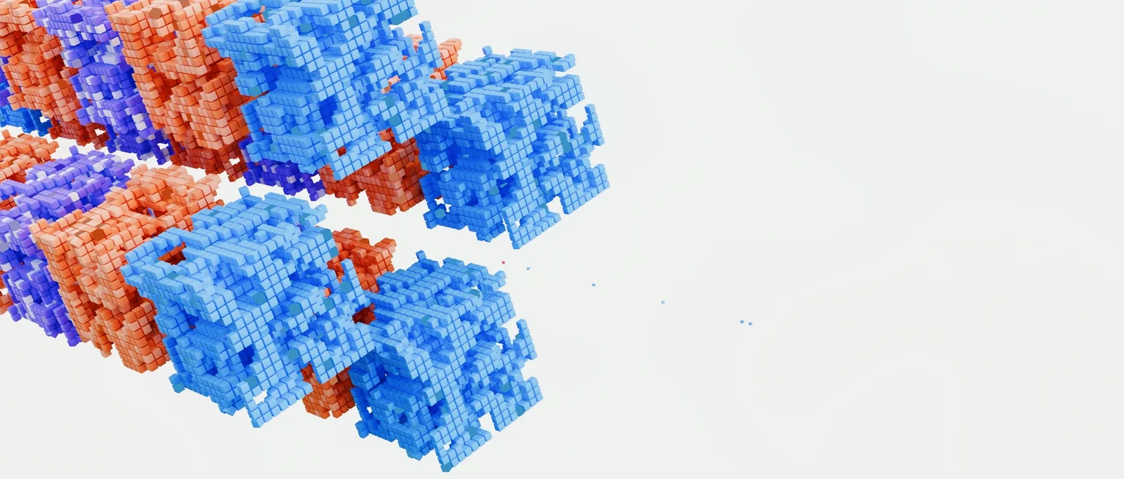 Wide shot of floating voxel rock clusters in blue, orange and purple against empty white space.