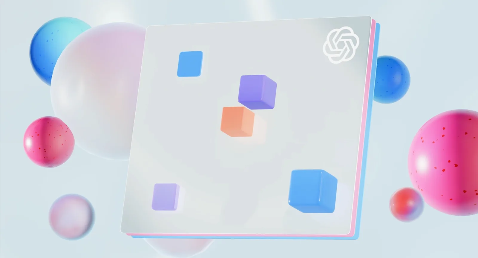 Tilted glass panel holds three solid cubes among glossy spheres, a knotted logo glowing faintly.