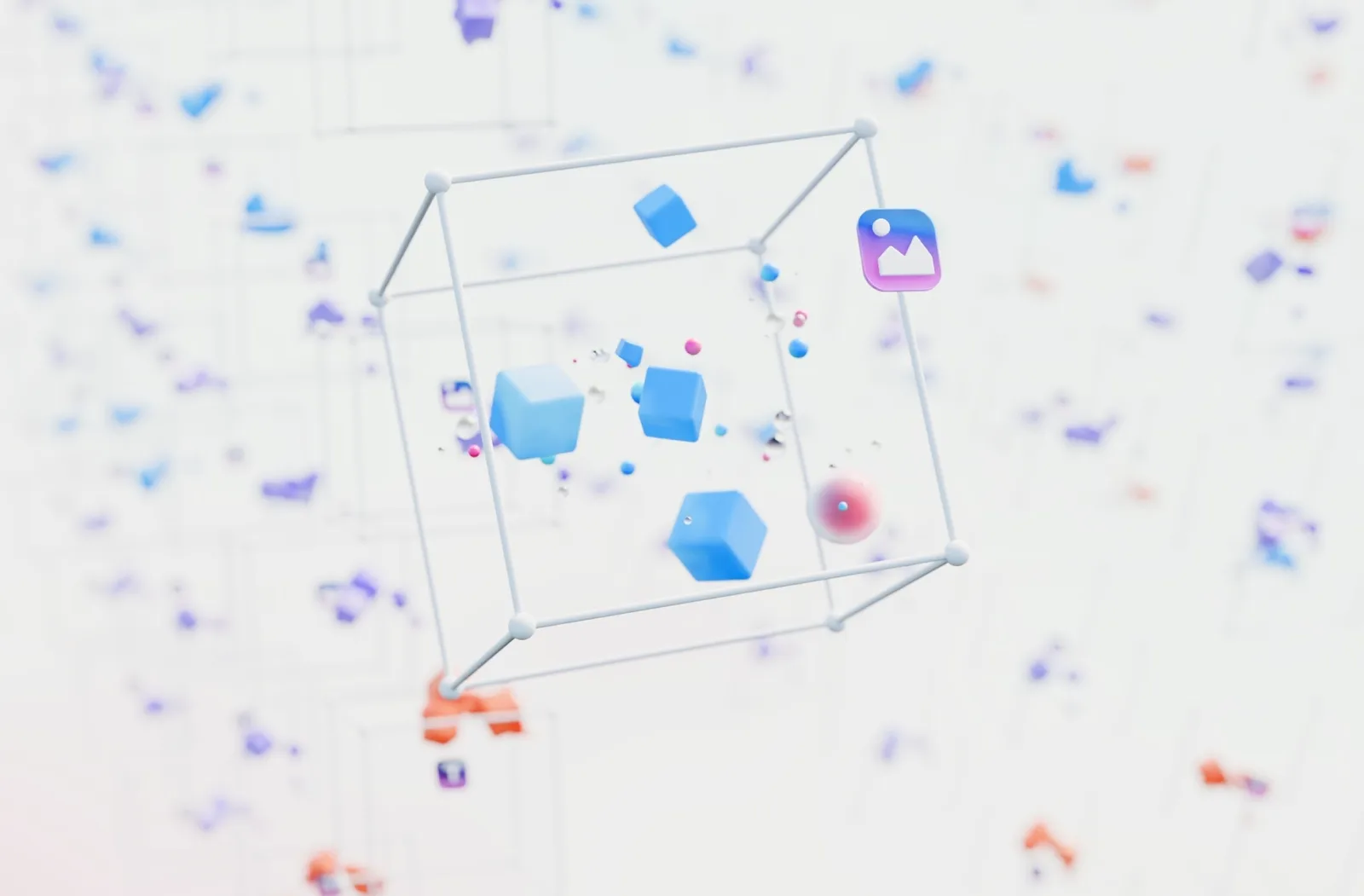 Wireframe cube holds small blue cubes and spheres, a gradient photo icon floating alongside.
